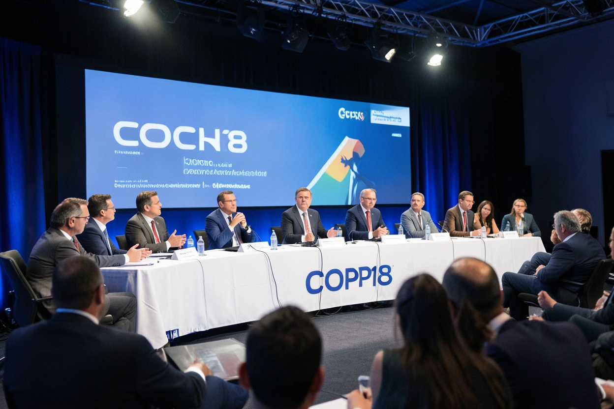 COP18 conference hall with panels and delegates
