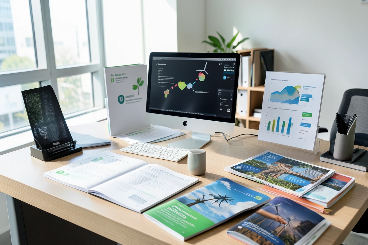 Professional desk with sustainability documents and reports